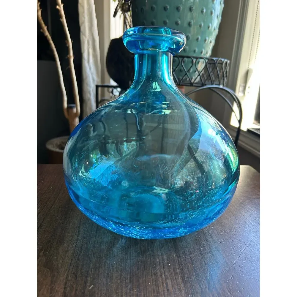 LARGE Blue Demijohn Studio Blown Glass bottle Crackled Bottom Polished Pontil